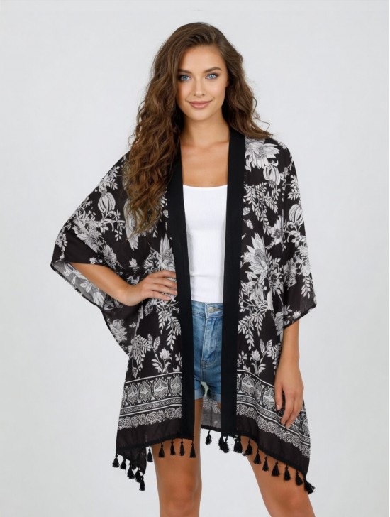 Summer Pattern Print Kimono W/ Tassel Detailing